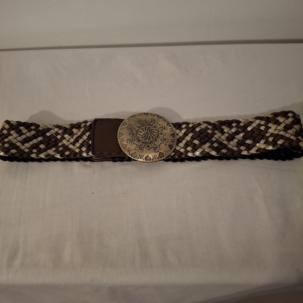 Southwestern Concha Women's Brown And Gold Woven Leather Belt with Gold Buckle